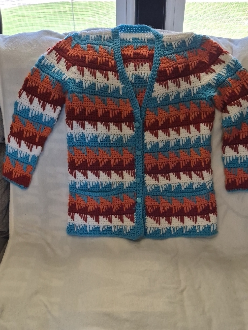 Handcrafted Multicolor Crochet Cardigan Sweater - Blue, Orange, White, Rust